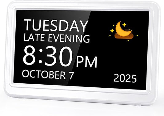 Raynic Digital Clock, 7" Digital Calendar Day Clock for Seniors, Dementia Clock with 20 Custom Alarms & Reminders,12 Themes, Auto DST, Dimmable Dementia Alzheimer's Clock for Elderly