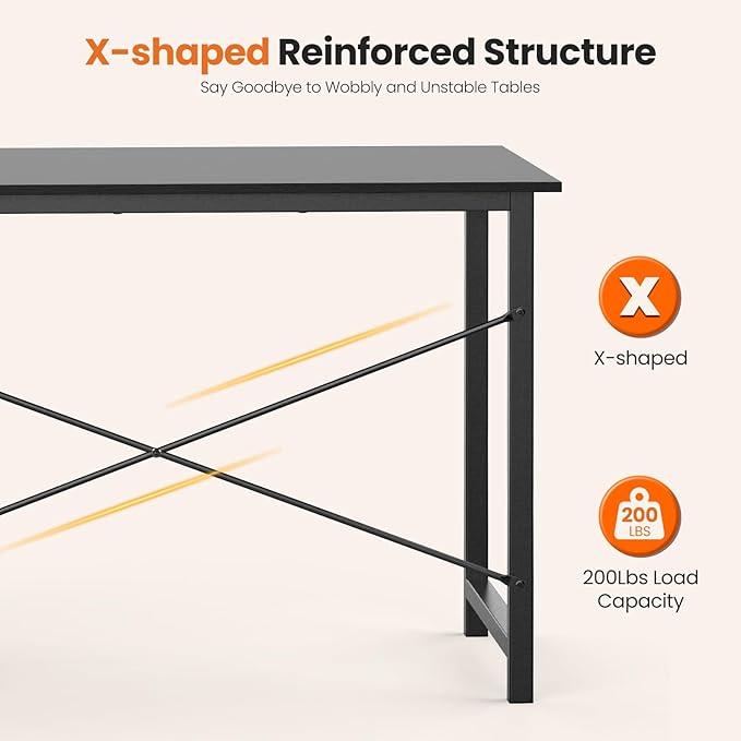 Sweetcrispy 47 Inch Computer Desk with Drawers for Home Office, Writing Desk with X-Shaped Reinforcement, Wood Table with Adjustable Position Drawers, Modern Study Work Table with Side Hook, Black