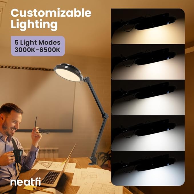 Neatfi LED Desk Lamp | 3,000 Lumens | 30W | 320 SMD LEDs | Dimmable | 3000K–6500K Color Temperature | Adjustable Desk Light for Home, Office, or Workbench (Black)