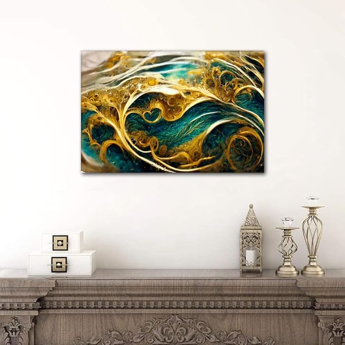 Modern Abstract Poster Decor 1 Panel Canvas Wall Art Golden Swirls Poster Printing Deep Sea and Soil Picture Prints on Canvas for Lady Men Living Room Bedroom Office Wall Decoration 36x24 in