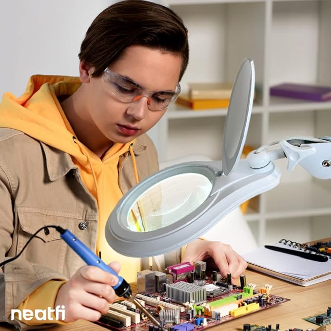 Neatfi LED Magnifying Lamp 1,200 Lumens with Clamp – 5” 5-Diopter Glass Lens, Dimmable Task Light | Adjustable Arm | Reading, Sewing & Crafting (White, 5 Diopter)