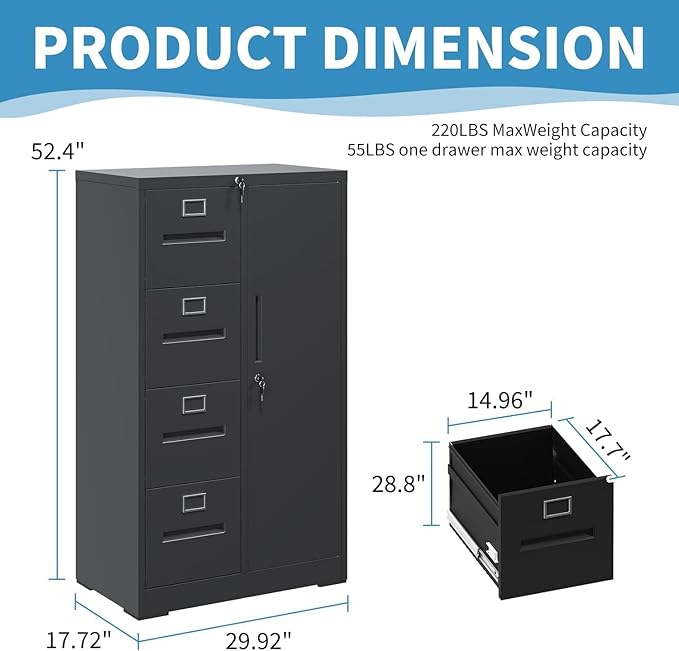 4 Drawer File Cabinet with Shelves and Hanging Rod, Metal Filing Cabinet with Lock for Home Office, File Storage Drawers for Legal/Letter Size Folders, Assembly Required (Black)