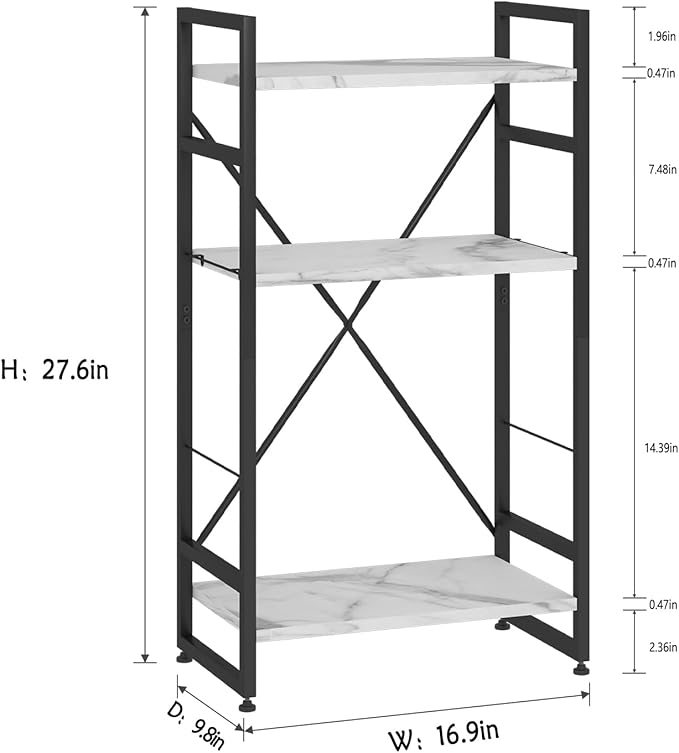 Bookshelf Organizer,3 Tiers Adjustable White Faux Marble Small Bookcase for Small Space,Industrial Wooden Storage Bookcase Display Rack and Storage Organizer for Living Room Home Office