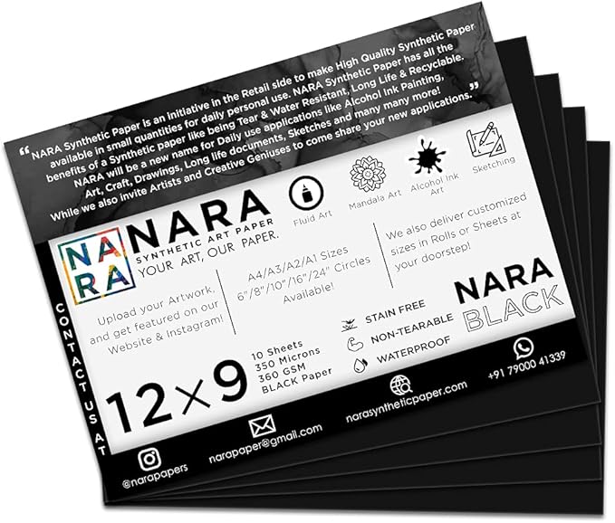 NARA Alcohol Ink Paper | Black | 12 inches x 9 inches (12”x9”) | 350 microns/360 GSM | Medium+ Paper | 10 Sheets | Paper for Alcohol Ink Art Painting | 100% Stain-Free