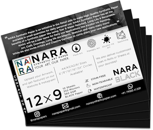 NARA Alcohol Ink Paper | Black | 12 inches x 9 inches (12”x9”) | 350 microns/360 GSM | Medium+ Paper | 10 Sheets | Paper for Alcohol Ink Art Painting | 100% Stain-Free