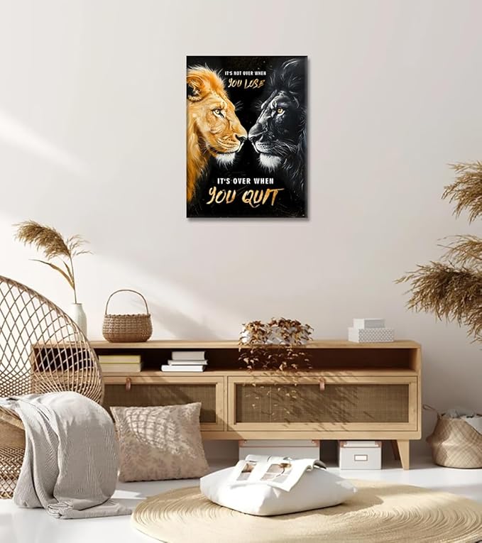 It's Not Over When You Lose, It's Over When You Quit Inspirational Quotes Wall Art - Framed Black and Gold Lions Canvas Print Motivational Animal Wall Decor Modern Office Home Picture (18x24 in)