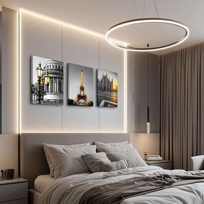 Black and white Architectural landscape Canvas Wall Art for Living Room kitchen Wall Artworks Bedroom Decoration, 3 Piece framed bathroom Home Wall decor posters Yellow Eiffel Tower wall painting