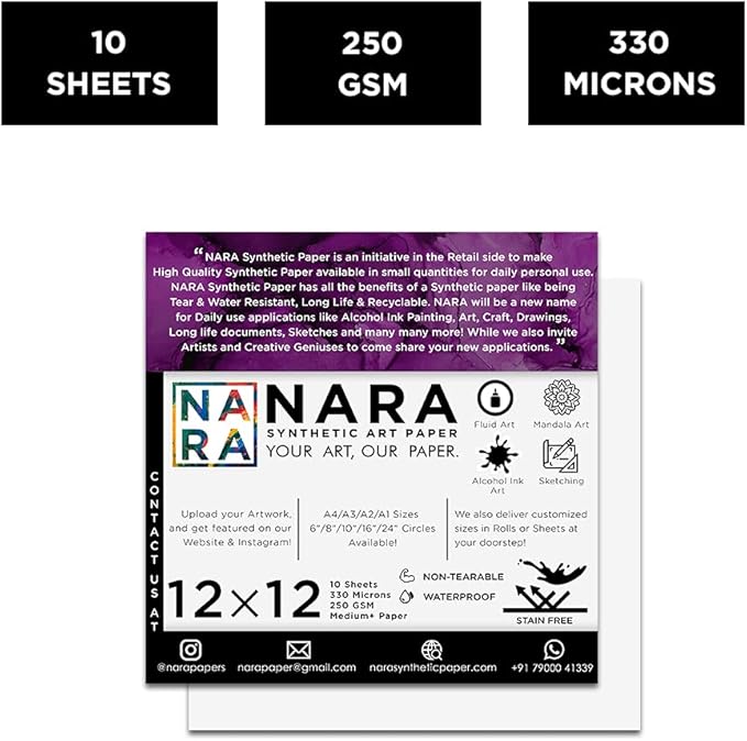 NARA Alcohol Ink Paper | White | 12 inches x 12 inches (12”x12”) | 330 microns/250 GSM | Medium+ Paper | 10 Sheets | Paper for Alcohol Ink Art Painting | 100% Stain-Free