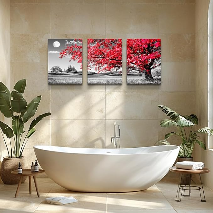canvas wall art for living room family bedroom Wall Decor Black and white red tree moon landscape painting Ready to Hang for room Decorations Works office Decor Prints pictures 12" x 16"3 Pieces