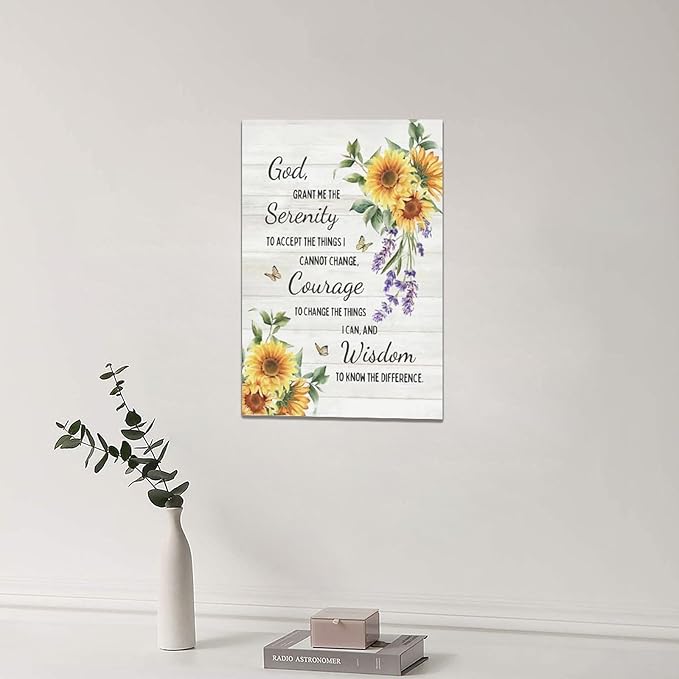 Serenity Prayer Wall Decor Christian Religious Sunflower Pictures Inspirational Bible Verses Scripture Canvas Wall Art God Painting Home Modern Artwork Framed for Living Room Bedroom Office 16x24inch