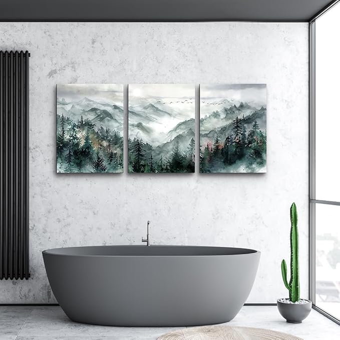 TTHYUEWS Wall Decor For Living Room 3 Piece Canvas Art Prints Wall Art For Bedroom Office Decor Mountain Forest Landscape Wall Pictures Watercolour Paintings Artwork Ready To Hang Home Decoration