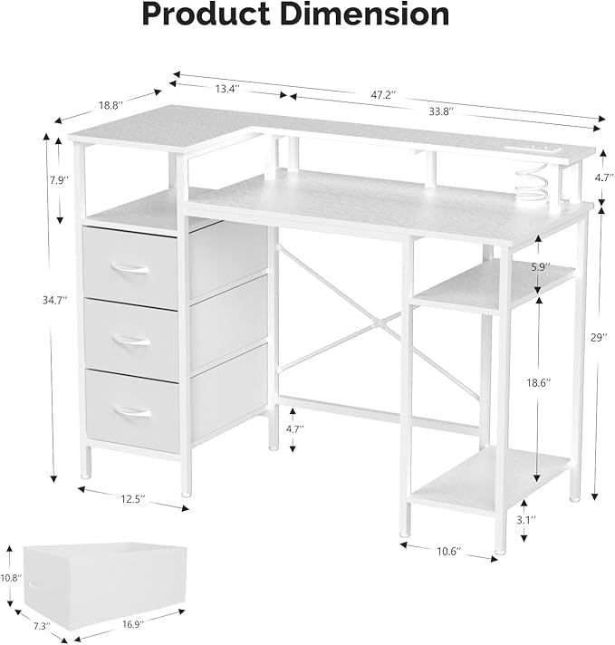 VINGLI 47 Inch L-Shaped Computer Desk, Small Computer Gaming Desk with Fabric Drawers & Storage Shelves, Charging Station, Monitor Stand for Home, Office, White