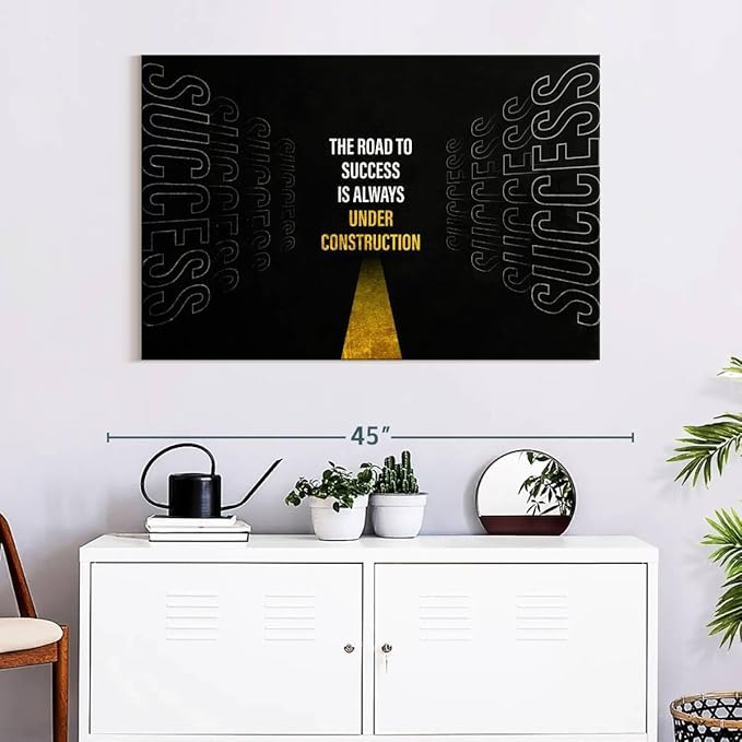 ElephantStock - Work On Your Road To Success Wall Art - Horizontal Canvas Wall Art - Home Office Wall Decor - Digital Art Inspirational And Typography Canvas Art - Black And White Decor - 39" x 26"