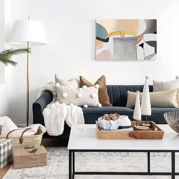 Wall Art Canvas Abstract Color Block Line Art Prints Apricot Cyan Black Grey Color Blocks and Lines Painting Modern Artwork Decor for Living Room Bedroom Kitchen 30x20in