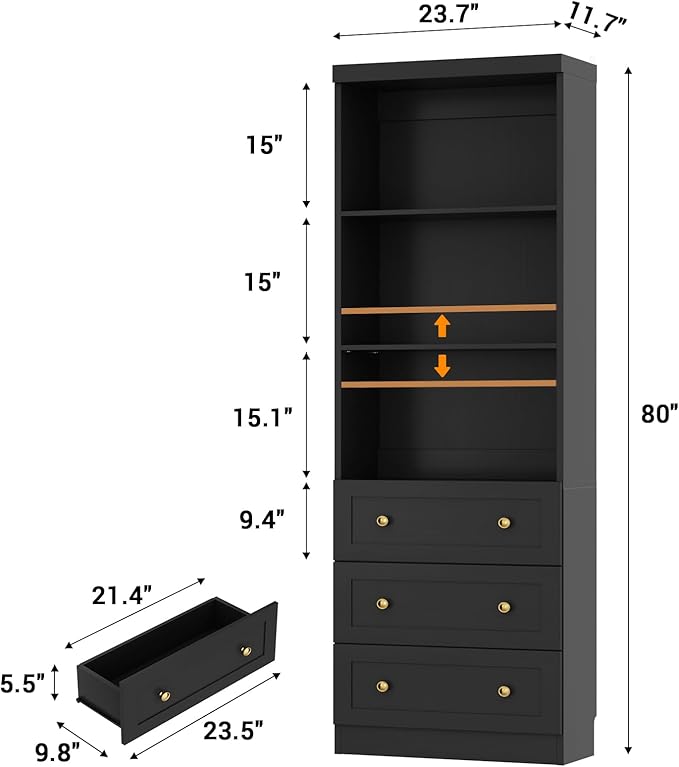 Cyclysio 80" Bookshelf with 3 Drawers, Tall Bookcase with Thickened Top Panel and 3-Tier Open Shelves, Tall Storage Cabinet for Home Office, Living Room, Black, Set of 2