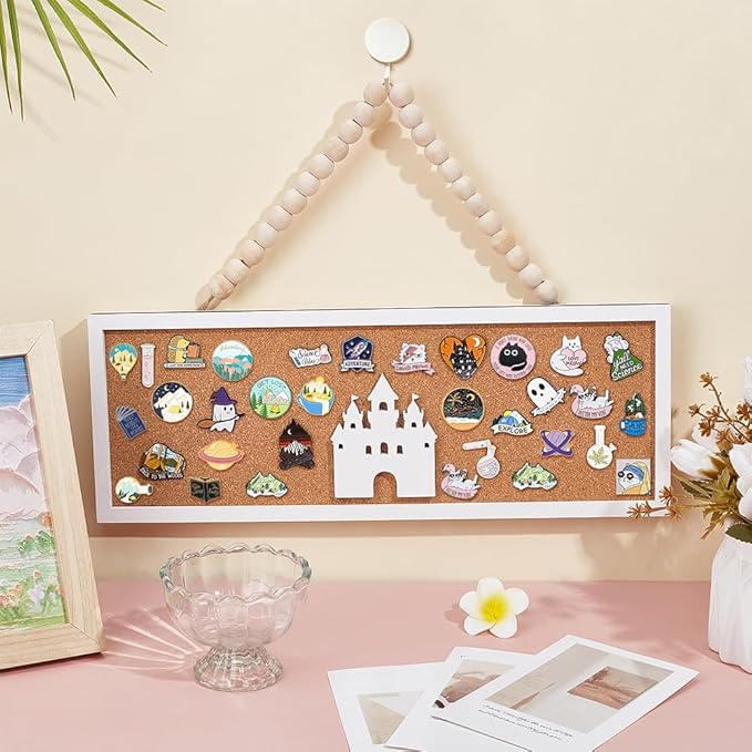 BENECREAT Rectangle Castle Pin Board Cork Board, 15x5 Inch Bulletin Display Board, Wall Mounted Cork Board for Brooch Pin Collection Display Office Home Bedrooms (White)