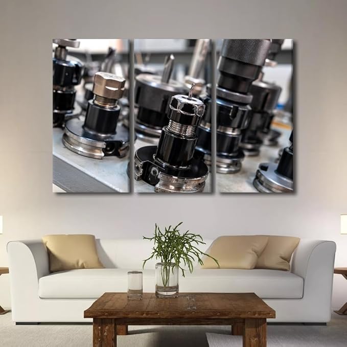 Machine Drill Bits Pictures for Bedroom Wall Decor Machine Shop Prints Wall Art Artwork for Home Walls 3 Piece Wall Art Framed Art Wall Decor Canvas Wall Art Ready to Hang, 60x40 Inch
