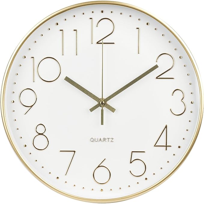 Wall Clock Non-Ticking Silent Modern Simple Style Round Decor Clock Stereoscopic Dial Quartz Wall Clocks for Home/Office/School/Living Room/Bedroom/Kitchen (Gold, 8inch)