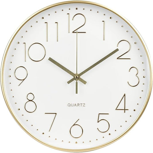 Wall Clock Non-Ticking Silent Modern Simple Style Round Decor Clock Stereoscopic Dial Quartz Wall Clocks for Home/Office/School/Living Room/Bedroom/Kitchen (Gold, 8inch)