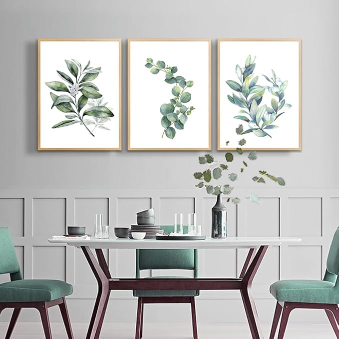Hyidecorart Wood Framed Wall Art - Large Green Leaves Wall Paintings Set Of 3 Piece Framed Prints For Living Room, Bedroom, Office, Kitchen