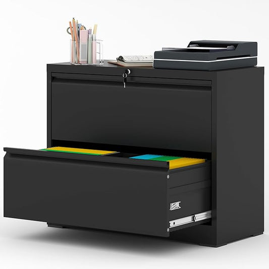 File Cabinet with Lock, 2 Drawer Lateral Filing Cabinet for Home Office, Metal Heavy Duty File Cabinets for Hanging Letter/Legal/F4/A4 Size Files, Assembly Required (Black)