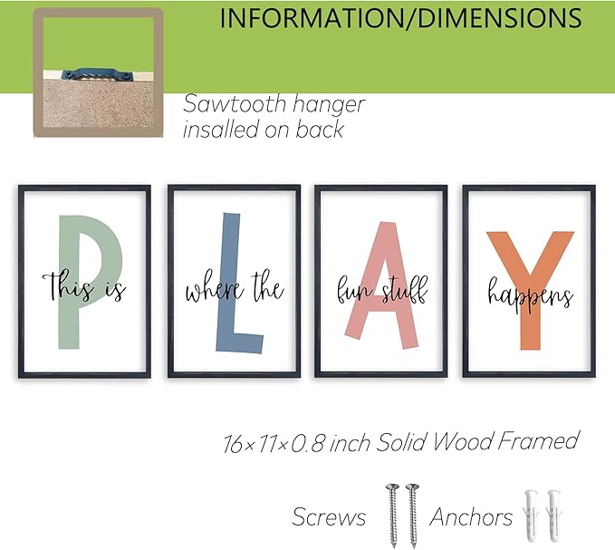 TQianJiang Playroom Wall Art for Kids 4 Piece PLAY Letter Prints with This is Where the Fun Stuff Happens Quote 11"×16" Modern Colorful Decor Children Nursery Toddler Wood Framed Wall Hanging (Black)