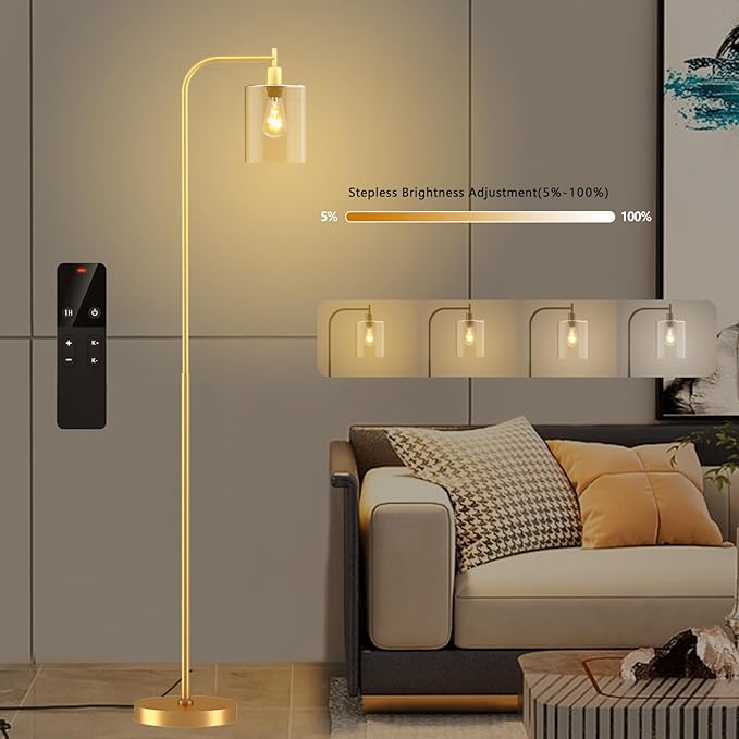 Industrial Floor Lamp with Glass Shade, Modern Dimmable Floor lamp with Remote LED Bulbs, Tall Lamp for Living Room Corner, Bedroom, Office (Gold)