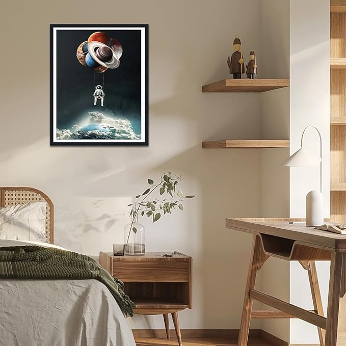 Space Framed Canvas Print Wall Art, Astronaut with Floating Planet, Galaxy Canvas Print, Modern Game Room Decor, Boys Room Decoration Ready to Hang, 12.5x16.5 Inches