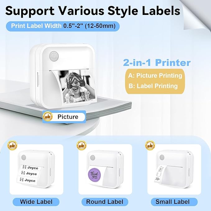 Label Maker Machine with Tape - Inkless Mini Bluetooth Label Printer with Multiple Templates, Wide Waterproof Labels, Portable Thermal Sticker Labeler for School Home Office Kitchen Organization