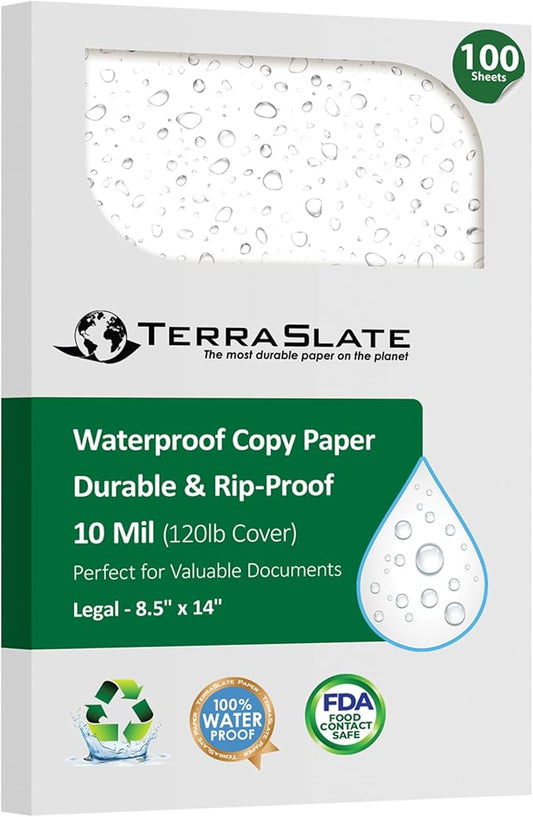 TerraSlate Printable Waterproof Paper for Laser Printer, 10 MIL 8.5" x 14", 100 Sheets, Matte White Printer Paper I Rip-Resistant, Weather/Rain Proof Copy Paper