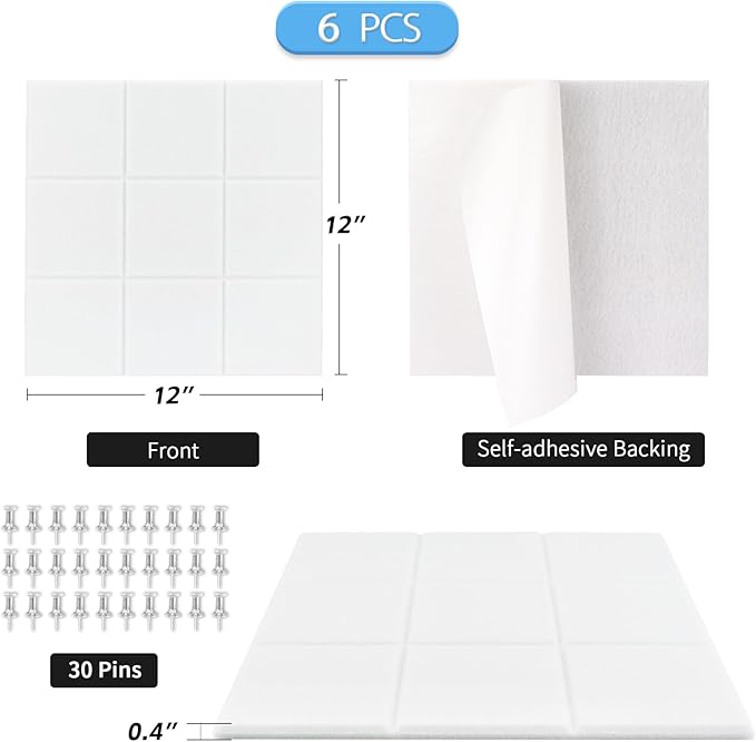 BXI Felt Bulletin Board - 12 X 12 X 3/8 Inches 6 Pcs Self-Adhesive Poster Cork Board with 30 Push Pins, Thick Pin Tiles Display Vision Board, Photo Picture Panels for Home Office Classroom Walls