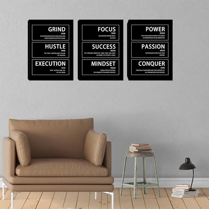 3 Piece Motivational Hustle Grind Execution Wall Art Quotes Wall Decor Office Art Inspirational Success Mindset Conquer Canvas Wall Art Poster Prints Office Decor - 48" W x 24" H