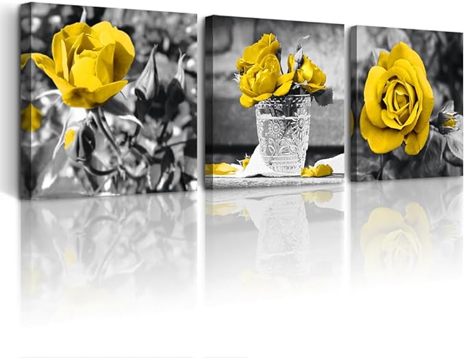 DZRWUBHS Canvas Wall Art - Modern Decor For Bedroom, Living Room, Kitchen, Bathroom - Black And White Wall Pictures - Yellow Rose Flowers - Girls Room Artwork