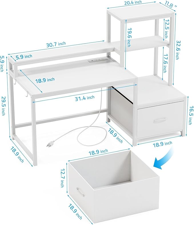 GreenForest Computer Desk with Drawers and Monitor Stand, Home Office Desk with Storage Shelves, Small Gaming Desk with Power Outlets and LED Lights for Study Writing Working, 51 inch White