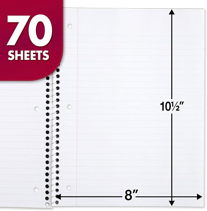 Mead Spiral Notebook, 12 Pack, 1 Subject, Wide Ruled Paper, 7-1/2" x 10-1/2", 70 Sheets per Notebook, Colors Will Vary (930202-ECM25)