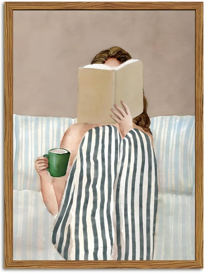 Framed Trendy Preppy Canvas Wall Art, Woman Reading Book with Coffee Pictures Wall Decor Paintings, Blue and White Striped Prints Girly Home Decor for Living Room Bedroom Dorm 16x24 inch