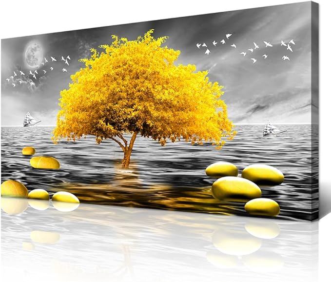 Wapluam Canvas Wall Art - Large Wall Decor for Living Room, Bedroom & Office - Modern Black & White View with Yellow Tree Pictures - 40x20 in