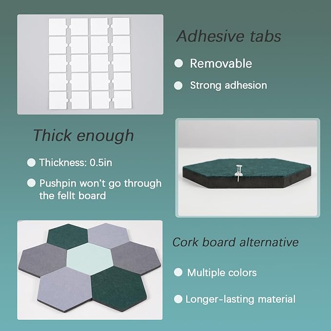 Felt Bulletin Board Tiles, 8 Pcs Hexagon Wall Tiles with Removable Adhesive, 7.9×6.9 Inch Cork Pin Board for Classroom, Home, Office (Set G, Middle)