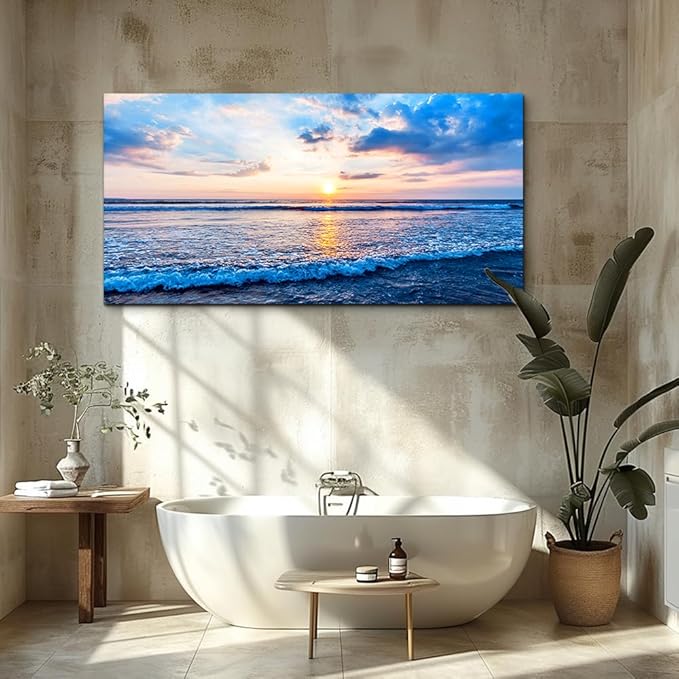 hyidecorart Ocean Wall Art for Living Room, Blue Wave and Large Coastal Beach Canvas Wall-Decor for Bedroom,Large Blue Artwork for Walls Gold Sun Scenery Pictures for Hallway Office Kitchen 30" x 60"