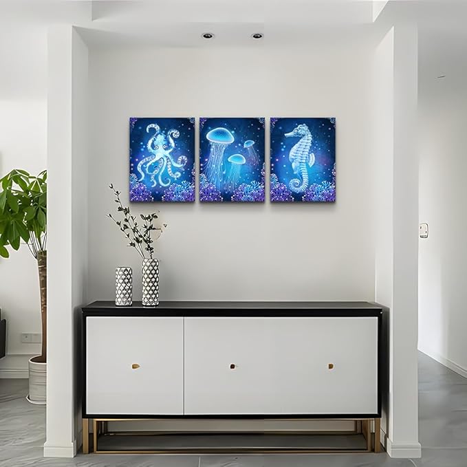 blue Ocean Life Theme Canvas Prints Wall Art Paintings for Living Room Wall Artworks Sea Animal sea horse Octopus jellyfish Pictures Bedroom Decorations 3 Panels Home bathroom Wall decor posters