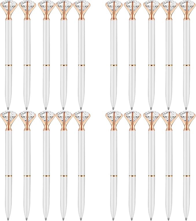 PASISIBICK White Diamond Pens Pack of 20 Bling Diamond Gem Pen Décor Gifts for Women Bridesmaid Coworkers Bulk Crystal Metal Ballpoint Pens Black Ink(20 PCS White)