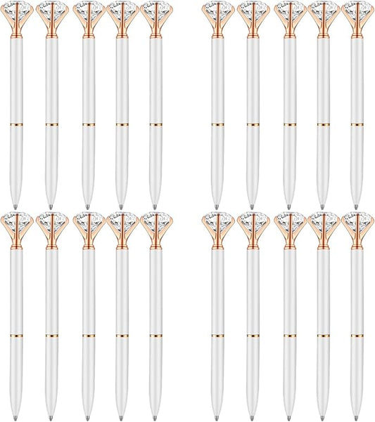 PASISIBICK White Diamond Pens Pack of 20 Bling Diamond Gem Pen Décor Gifts for Women Bridesmaid Coworkers Bulk Crystal Metal Ballpoint Pens Black Ink(20 PCS White)