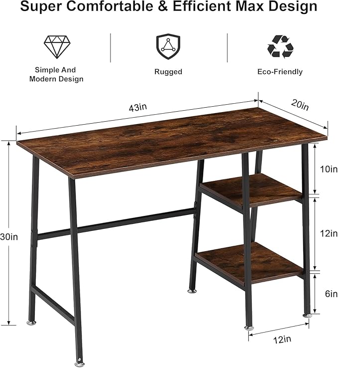 VECELO 43 Inch Computer Desk Writing Study Work Office Table Modern Desk with Shelves Wooden Desk for Home Bedroom,Walnut Desk