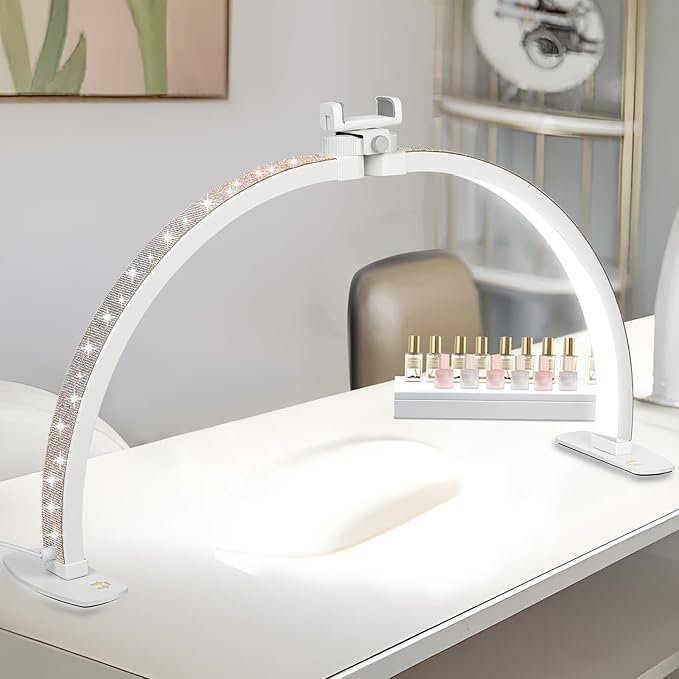 FAHKNS 29IN Half Moon Light for Nail Desk, Desk-top Nail Lamp with Sparkling Rhinestones, Folfing Lamp with Phone Holder, Manicure, Diamond Painting, Sewing, 10 Brightness Levels