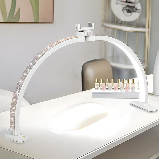 FAHKNS 29IN Half Moon Light for Nail Desk, Desk-top Nail Lamp with Sparkling Rhinestones, Folfing Lamp with Phone Holder, Manicure, Diamond Painting, Sewing, 10 Brightness Levels