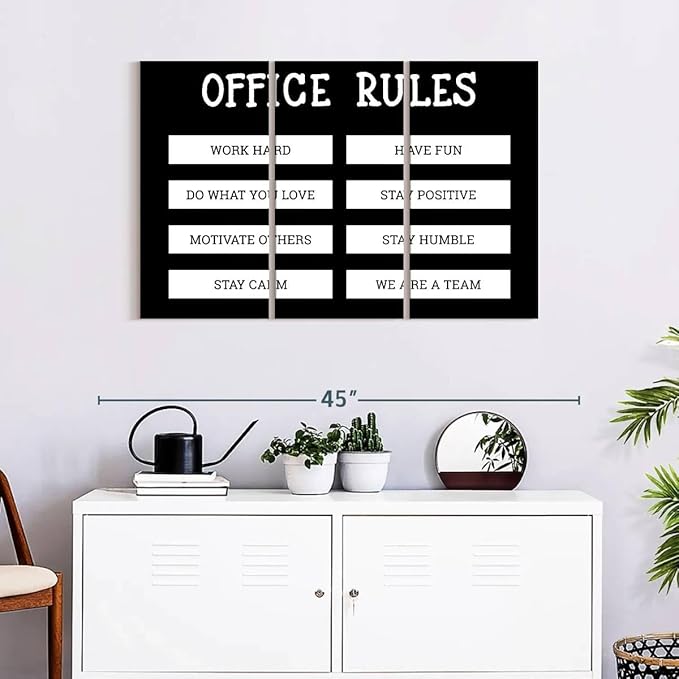 Elephant Stock - Office Rules Wall Art - Horizontal Multi Panel Canvas - 3 Piece Home Office Wall Decor - Digital Art Motivational Typography Multi Piece Wall Art - Black And White Decor by Cad Designs - 38" x 24"