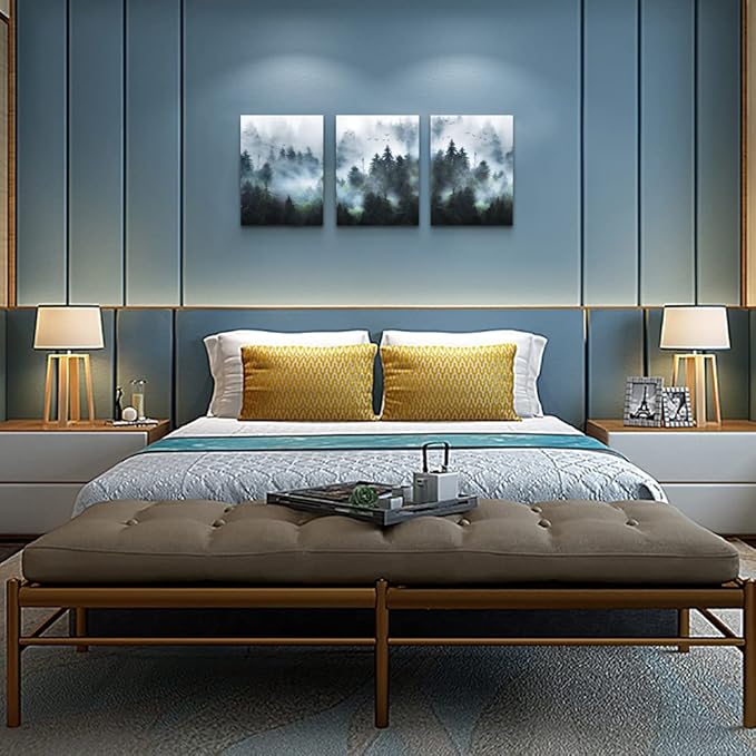 DZRWUBHS Canvas Wall Art - Modern Family Decor For Living Room, Bedroom & Office - Foggy Forest Trees Landscape Wall Painting - 3 Piece Set