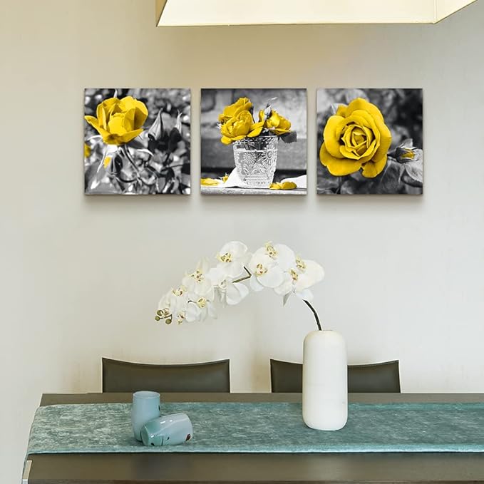 Canvas Wall Art - Bedroom, Kitchen, Living Room, Girls Room Decor - Black And White Wall Pictures - Yellow Rose Flowers - 3 Piece Set