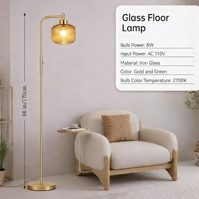 Glass Floor Lamp for Living Room, Dimmer Standing Lamp with Green Ribbed Lampshade,66” Tall Lamp & Gold Floor Lamp for Bedroom Study Room,Brushed Gold (Drum Amber Glass Shade)
