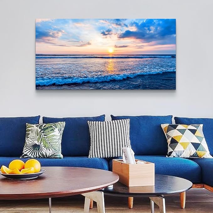 Wapluam Canvas Wall Art For Living Room Large Wall Decor Office Bedroom Home Decorations Blue Beach Ocean Sea Waves Landscape Wall Painting Posters Prints Pictures Wall Mural Artwork 24 X 48 in